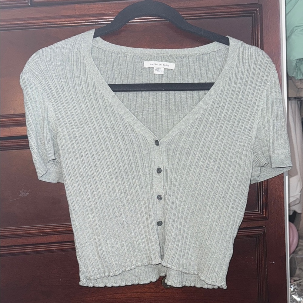 American Eagle Outfitters Tan Ribbed Crop Button Down